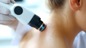 Medical device applying treatment to skin on shoulder.