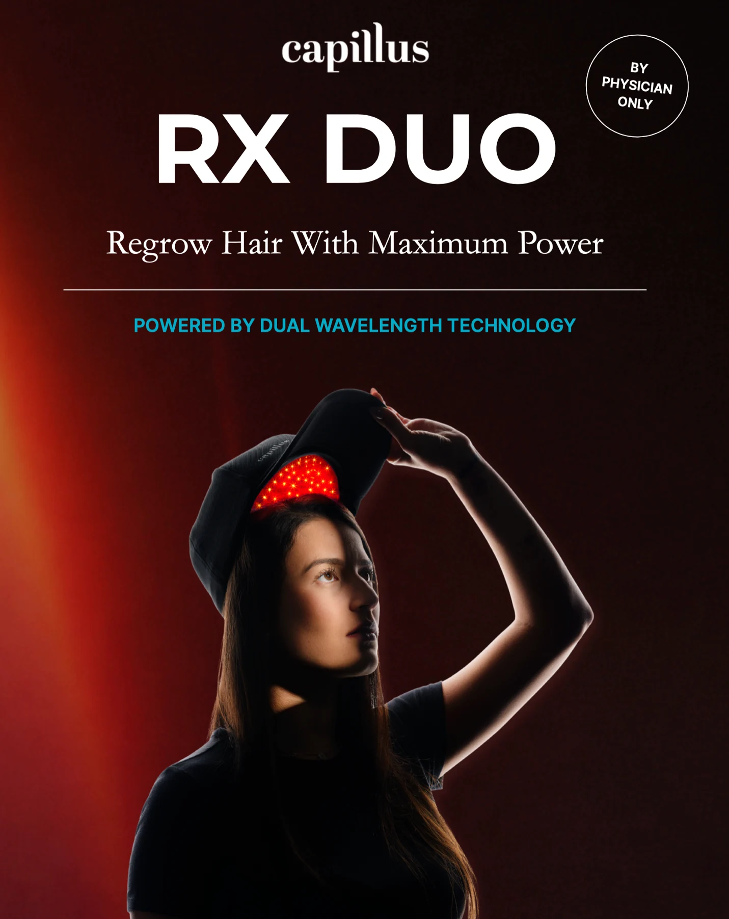 Woman tilting back a Capillus RX Duo laser cap showing illuminating red medical lights against a dark background.