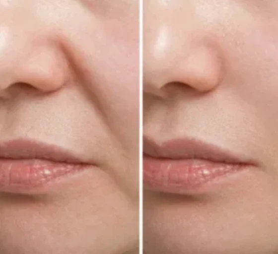 Before and after comparison showing nasolabial fold reduction around the mouth and nose.