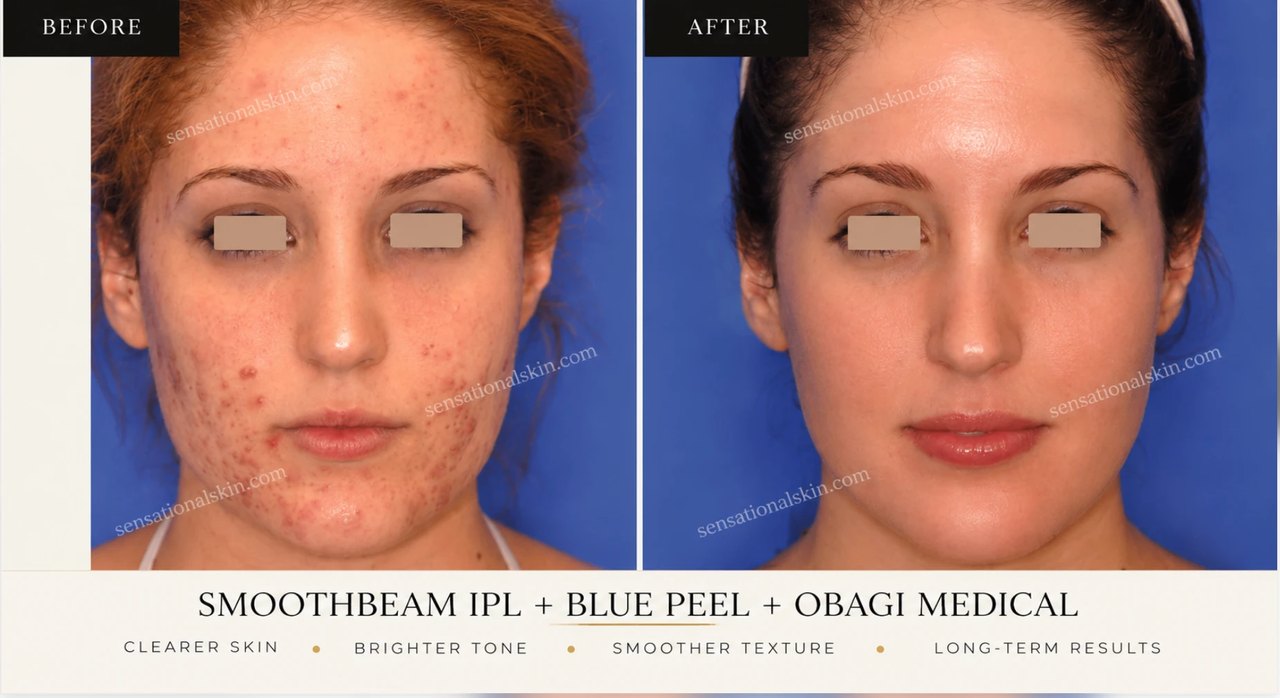 Before and after: Smoothbeam IPL, Blue Peel and Obagi Medical for acne, Sensational Skin patient
