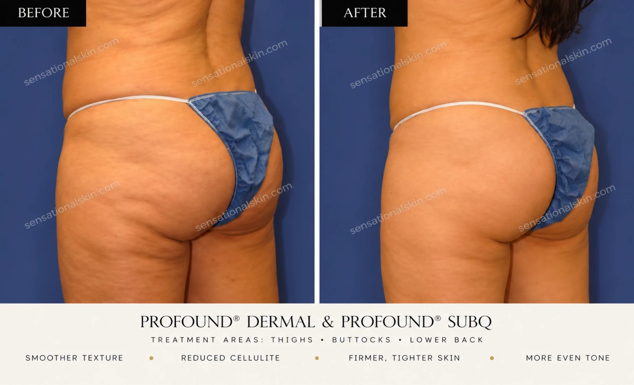 Before and after: Profound Dermal and Profound SubQ, thighs, buttocks and lower back, Sensational Skin patient