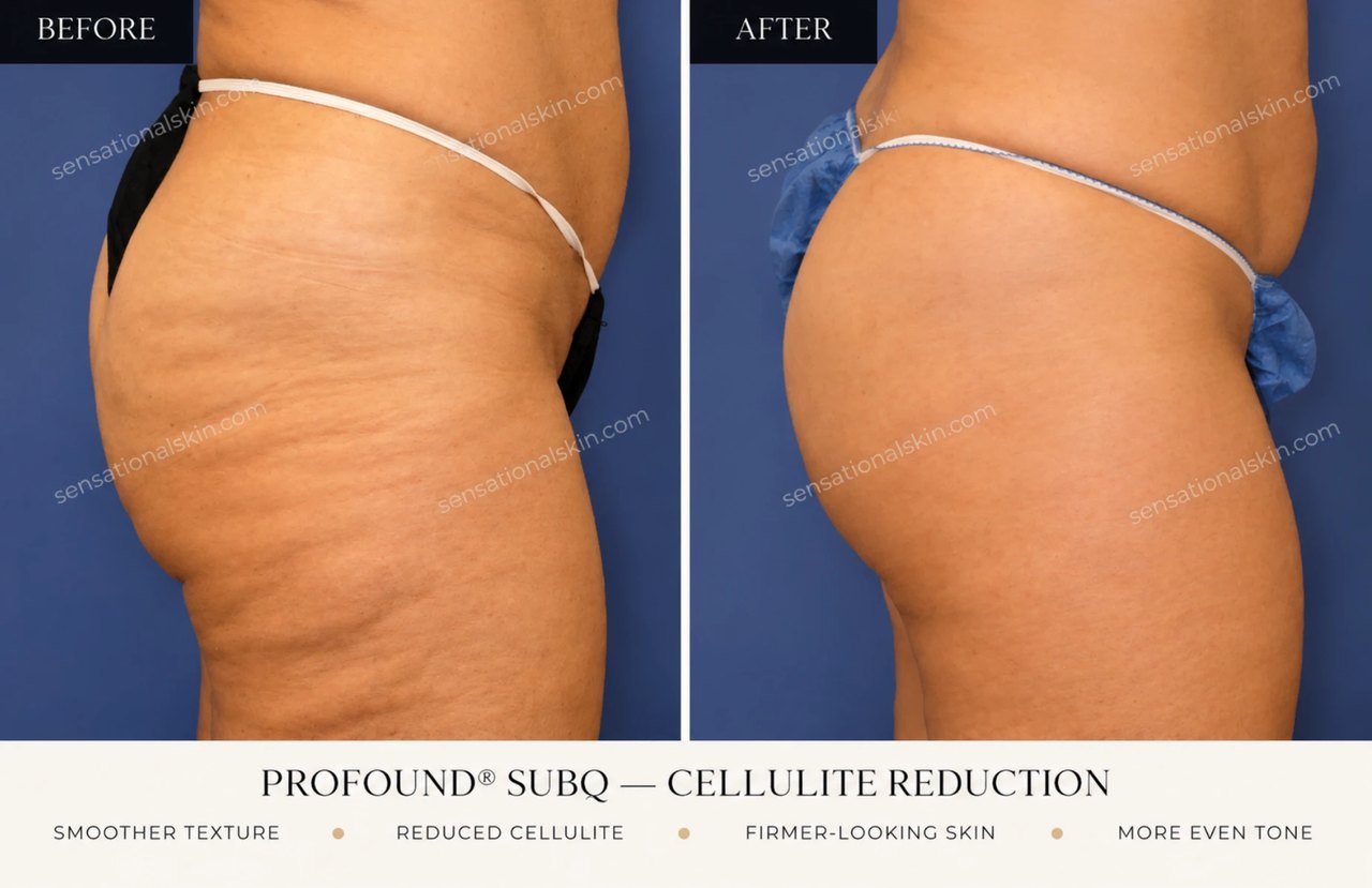 Before and after: Profound SubQ cellulite treatment, side view, Sensational Skin patient