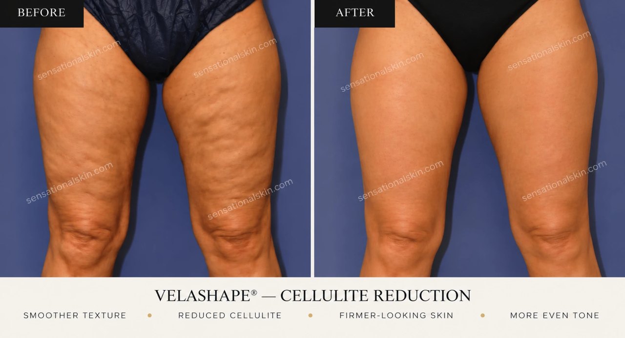 Before and after: VelaShape cellulite treatment, front of thighs, Sensational Skin patient