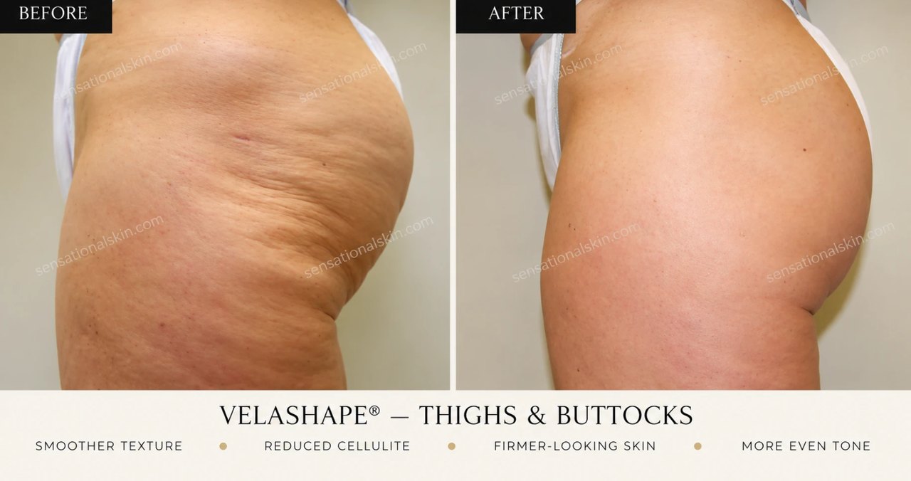 Before and after: VelaShape cellulite treatment, thighs and buttocks, Sensational Skin patient