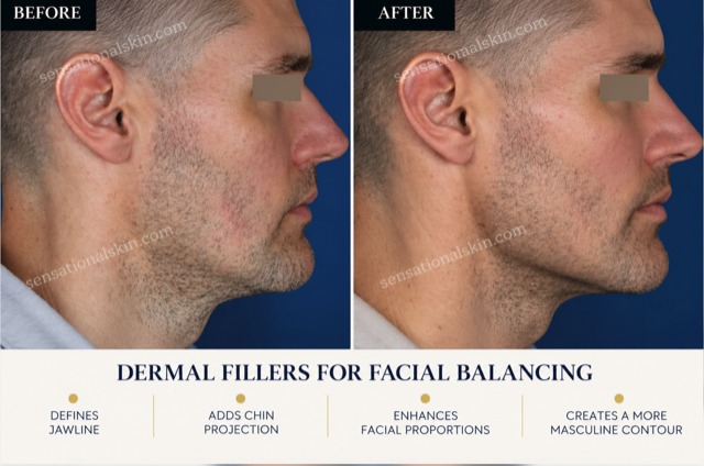 Before and after: Men's jawline and chin filler, profile, Sensational Skin patient